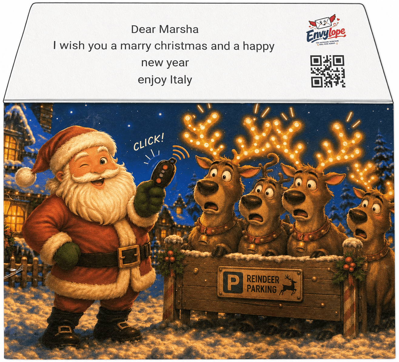 Open Santa and reindeer envelope with a greeting inside